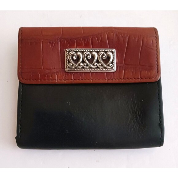 Brighton Bi Fold Wallet Blk Smooth Leather Brown Croc Silver Filigree Trim 3.5X4 - Picture 1 of 6